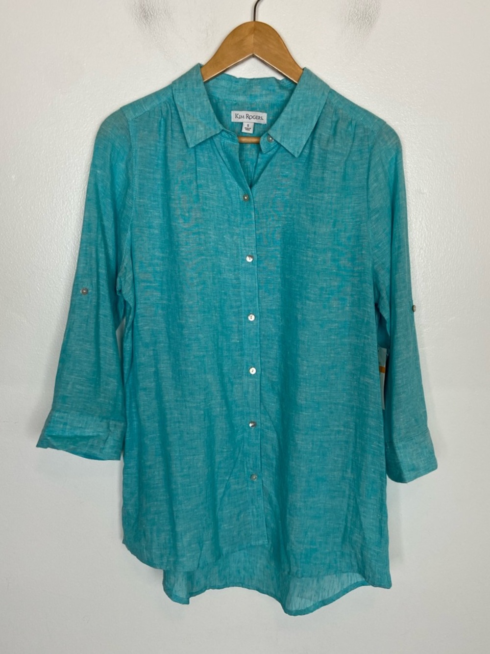 Women's Linen Blend Top Size S Turquiose Green Sea Coastal Beach Roll Tab Sleeve